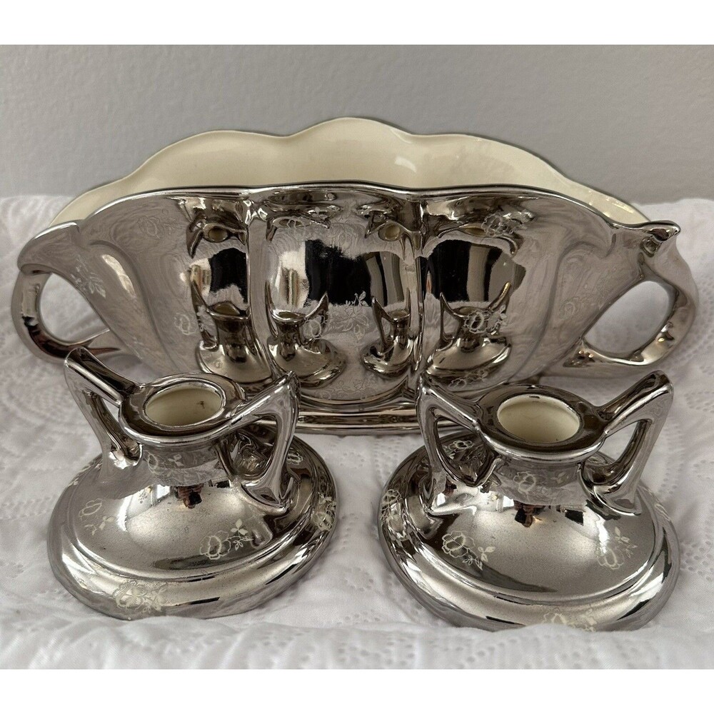 Pearl China Co Centerpiece W/2 Candle Holders Platinum Rose 22Kt Hand Decorated